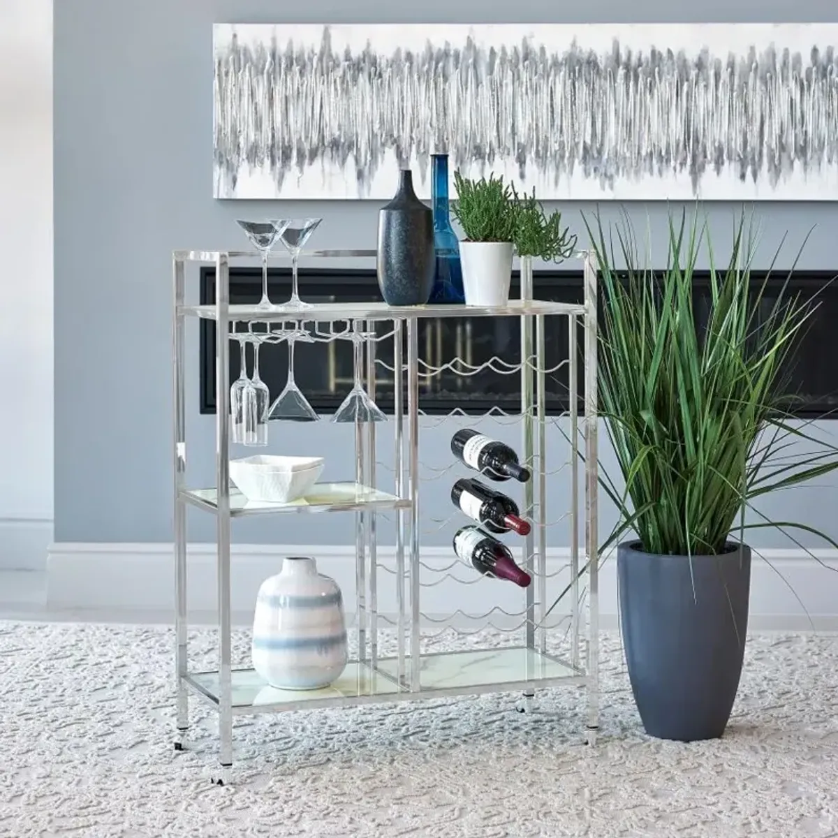 Derion Glass Shelf Serving Cart with Casters Chrome