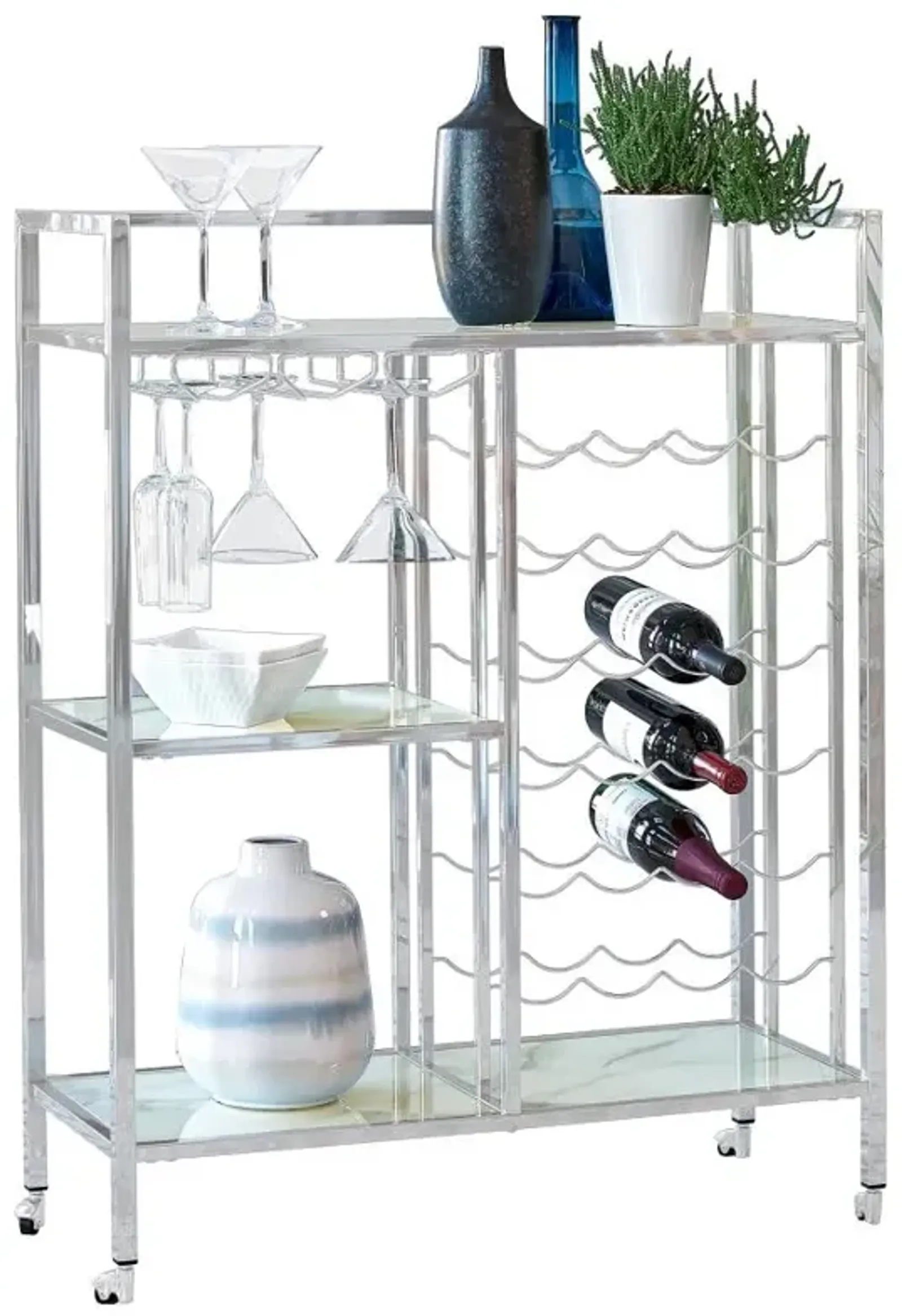 Derion Glass Shelf Serving Cart with Casters Chrome