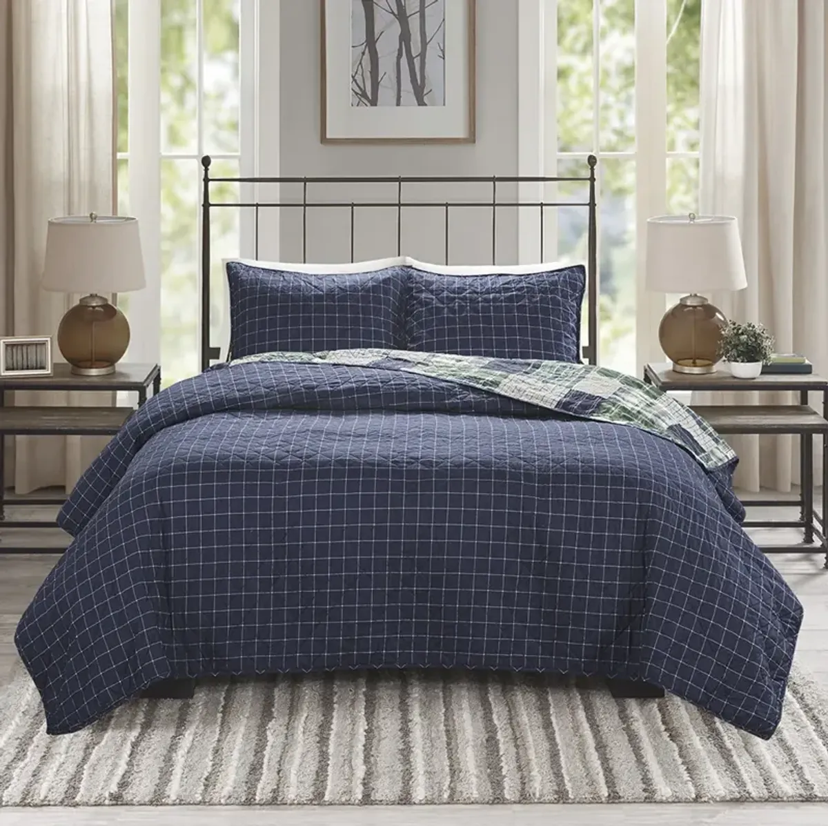 Madison Park Timber Green / Navy 3 Piece Reversible Printed Quilt Set