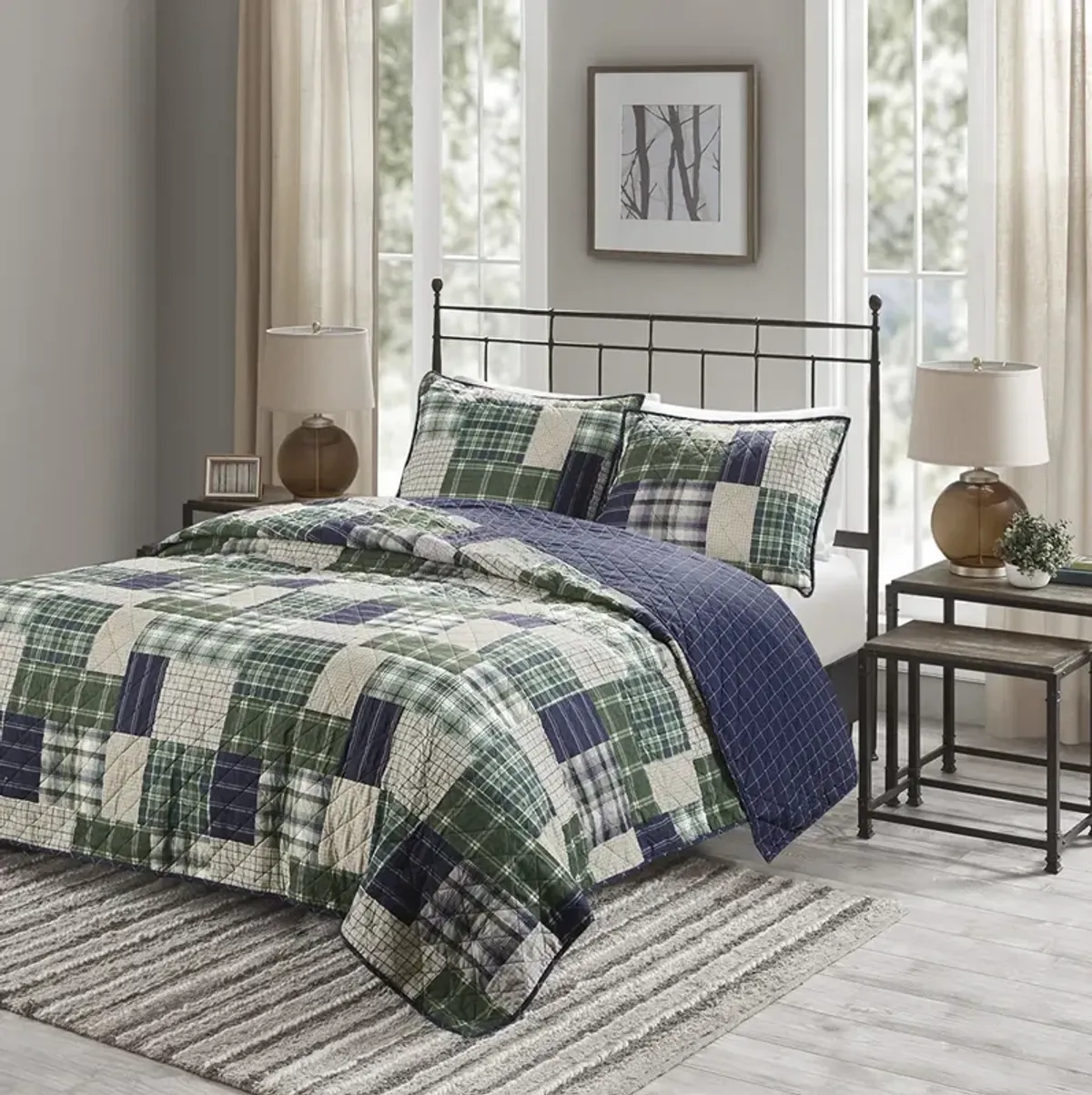 Madison Park Timber Green / Navy 3 Piece Reversible Printed Quilt Set