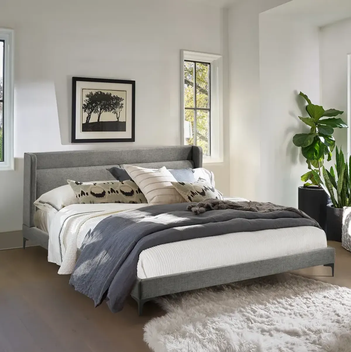 Legend Gray Fabric Eastern King Platform Bed with Black Metal Legs