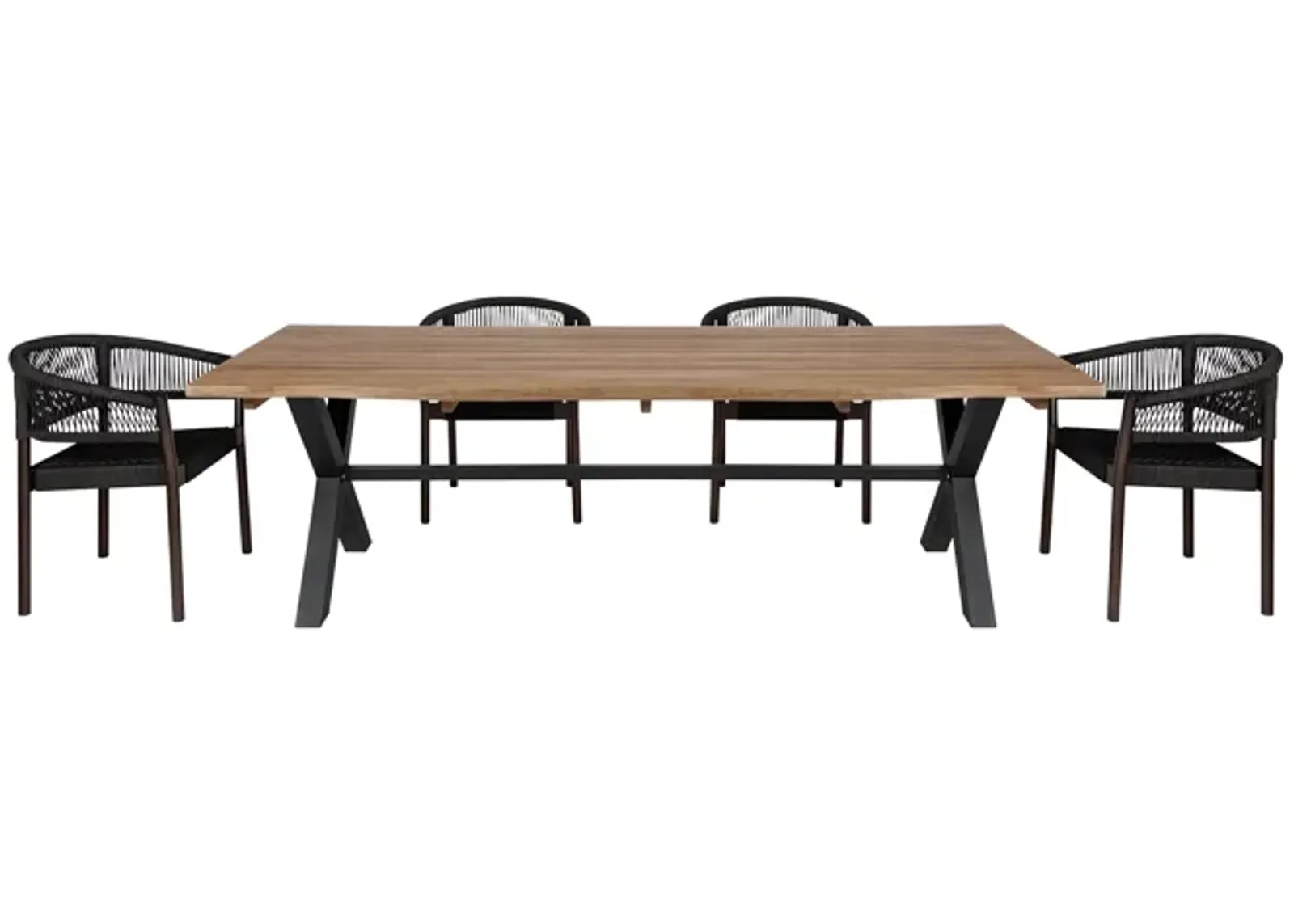 Glendora Doris Outdoor Patio 5 Piece Live Edge Dining Set in Eucalyptus Wood and Black Rope