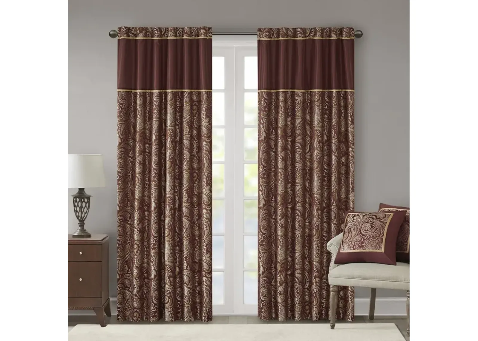 Madison Park Aubrey Burgundy Jacquard Curtain Panel Pair