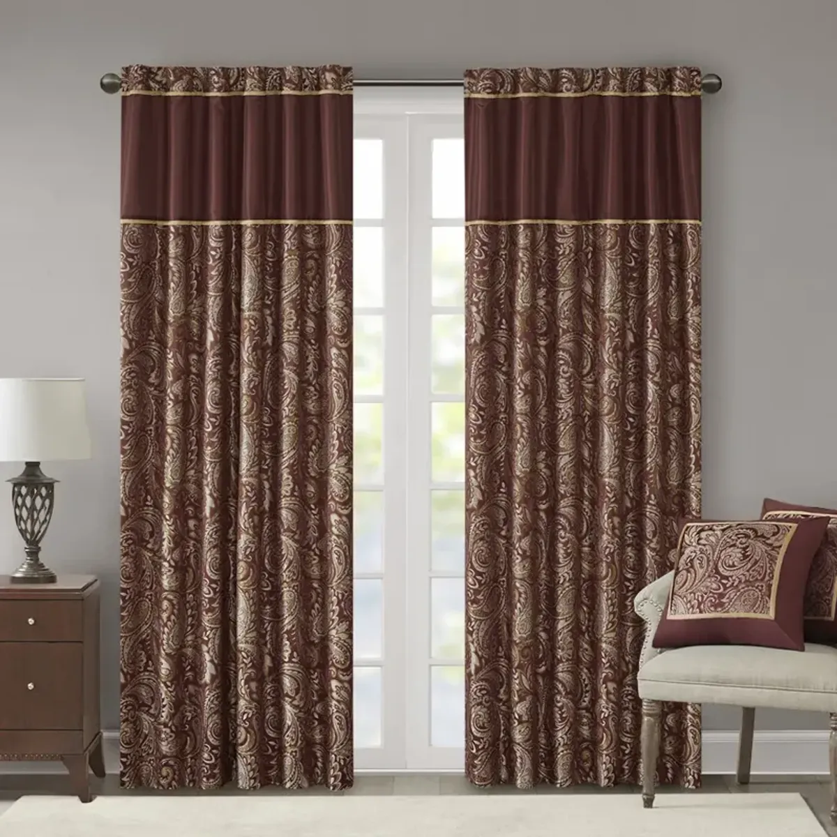 Madison Park Aubrey Burgundy Jacquard Curtain Panel Pair