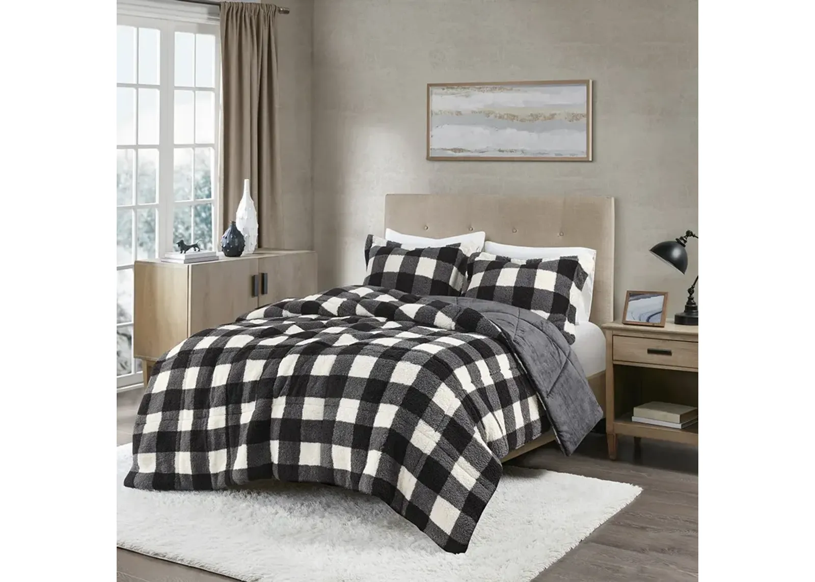 True North by Sleep Philosophy Brooks Ivory/Black Print Sherpa Down Alternative Comforter Set