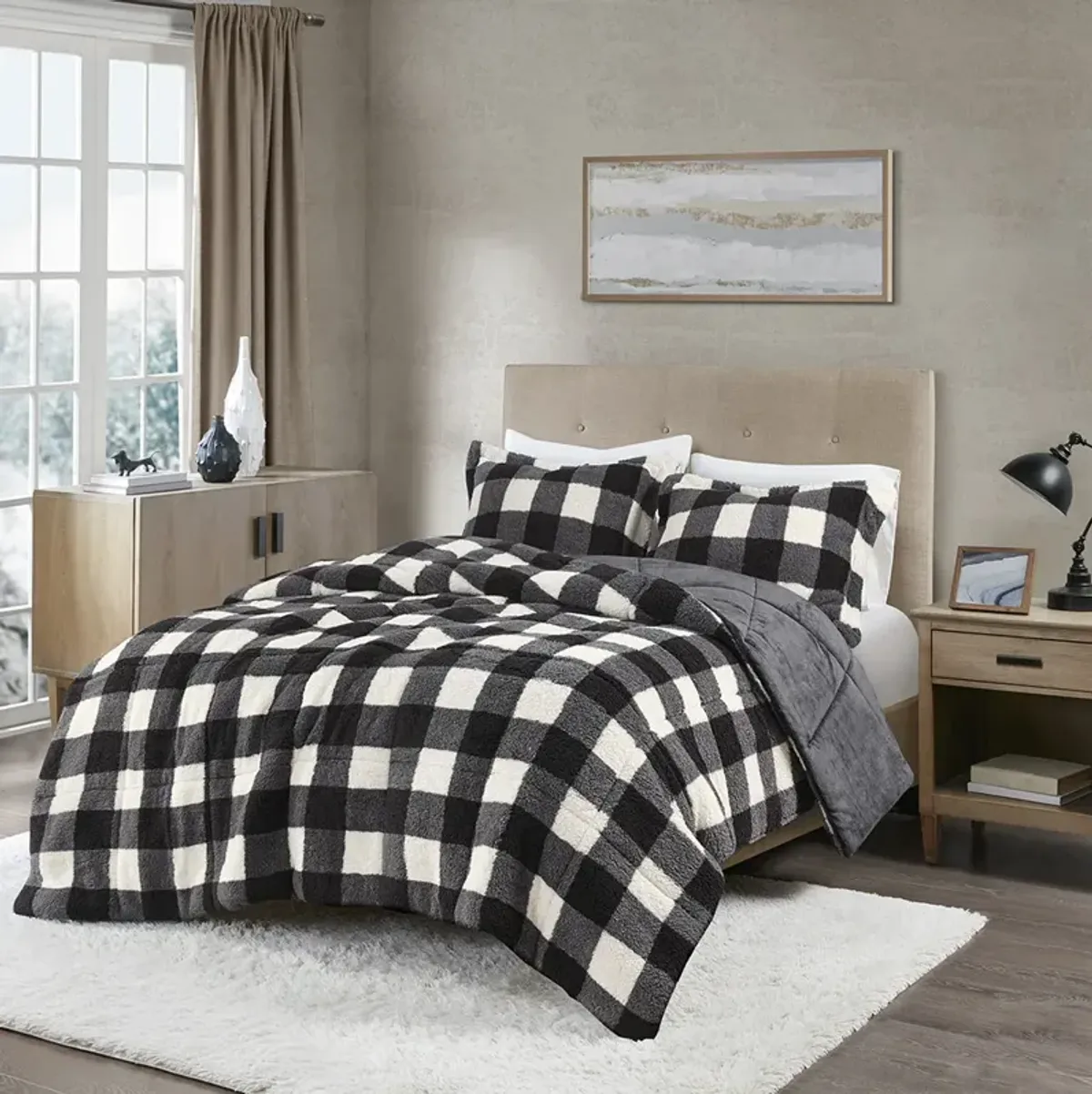 True North by Sleep Philosophy Brooks Ivory/Black Print Sherpa Down Alternative Comforter Set