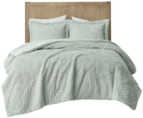 Madison Park Arya Aqua Embroidered Medallion Faux Fur Ultra Plush Comforter Mini Set
