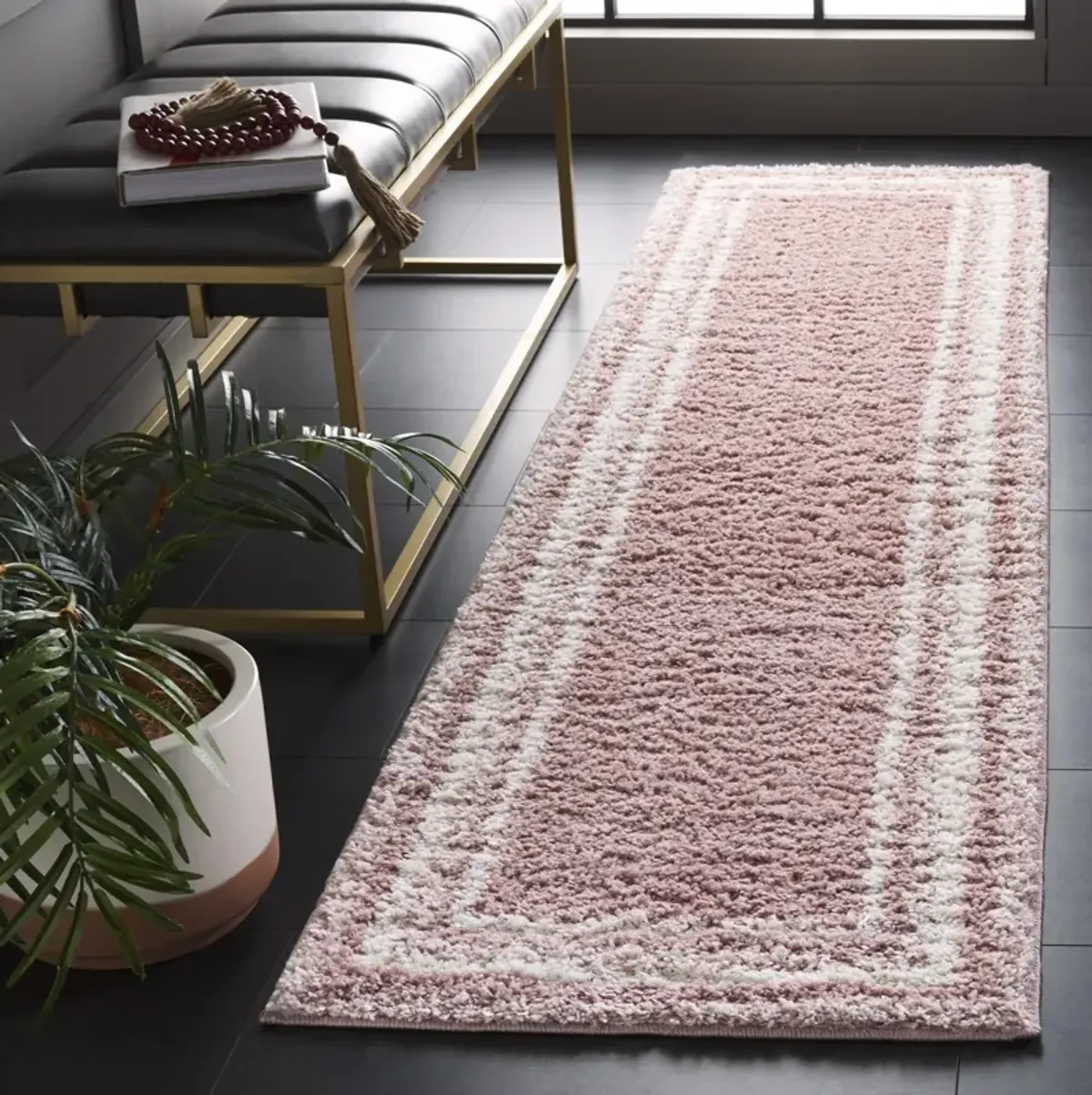 BORDER & STRIPE SHAG 251 Pink 2'-2' X 8' Runner Rug