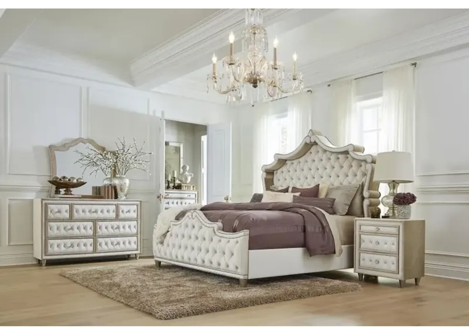 Antonella 5-Piece California King Upholstered Tufted Bedroom Set Ivory and Camel