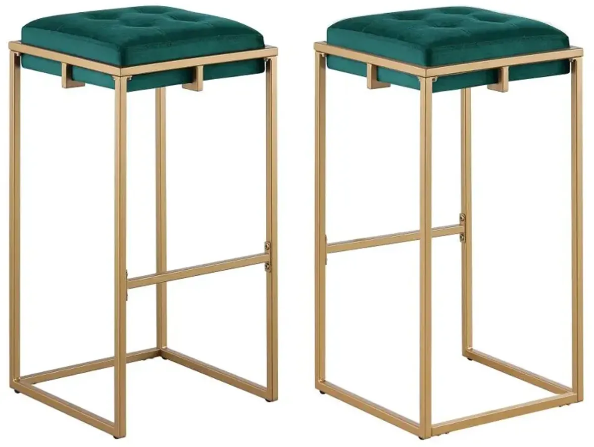 Nadia Square Padded Seat Bar Stool (Set of 2) Hunter Green and Gold