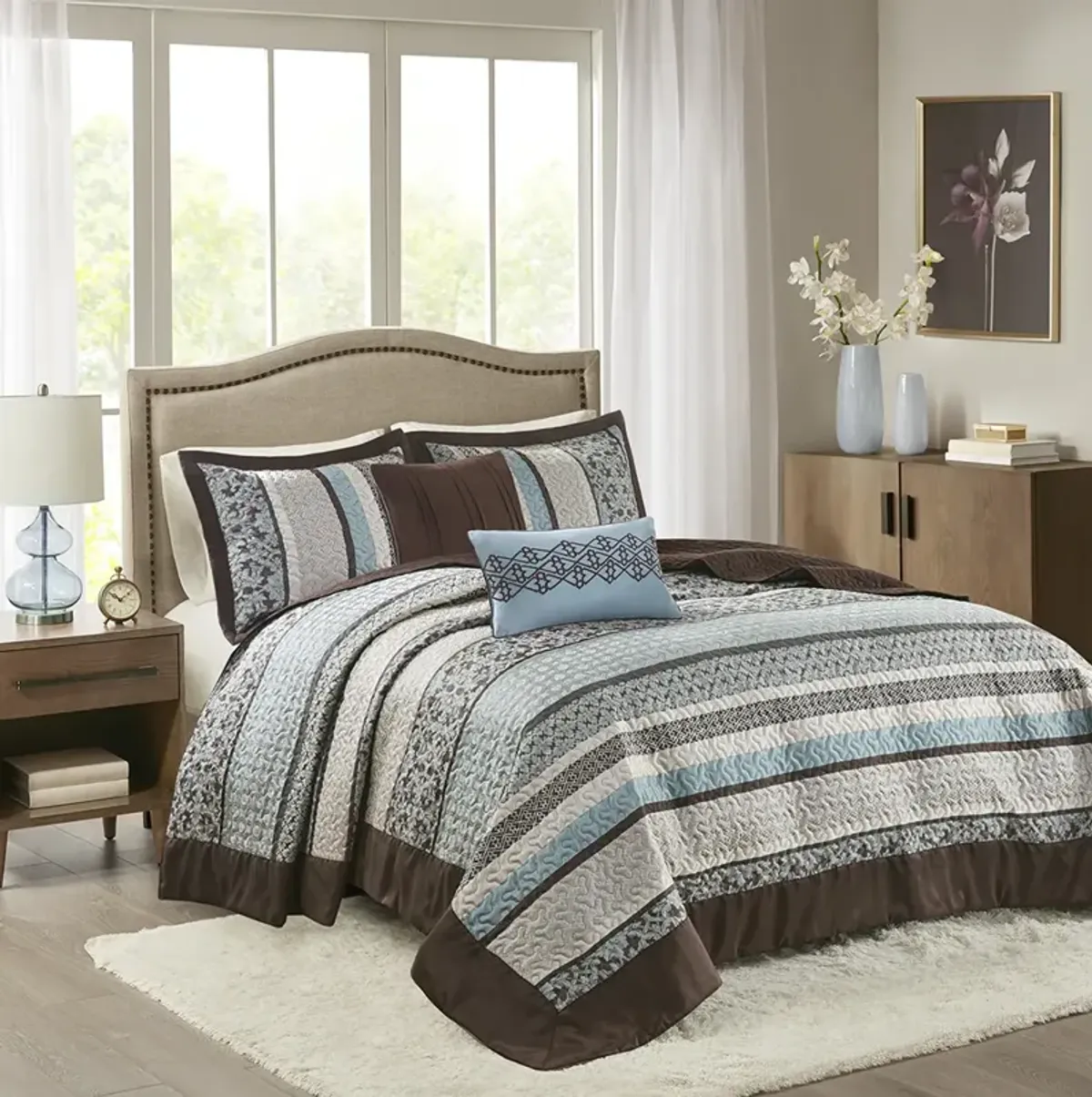 Madison Park Princeton Blue 5 Piece Reversible Jacquard Bedspread Set