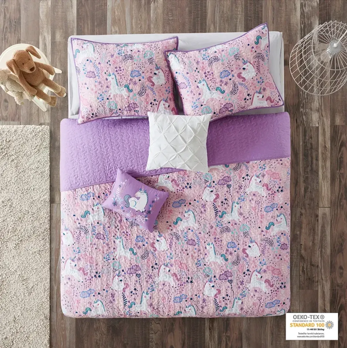 Urban Habitat Kids Lola Pink Unicorn Reversible Cotton  Quilt Set with Throw Pillows