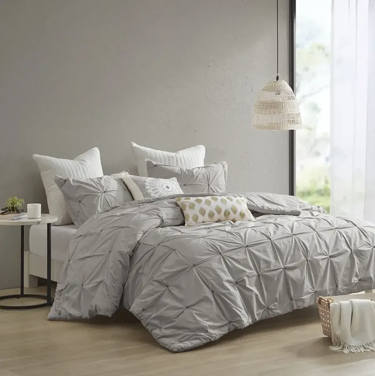 INK+IVY Masie Gray 3 Piece Elastic Embroidered Cotton Comforter Set