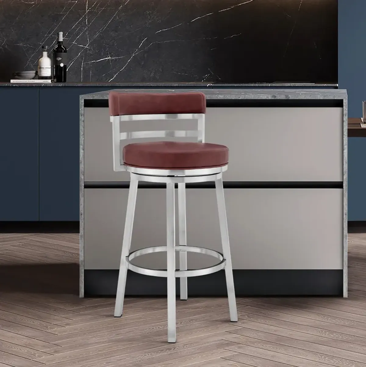 Titana 26" Counter Height Swivel Red Faux Leather and Brushed Stainless Steel Bar Stool