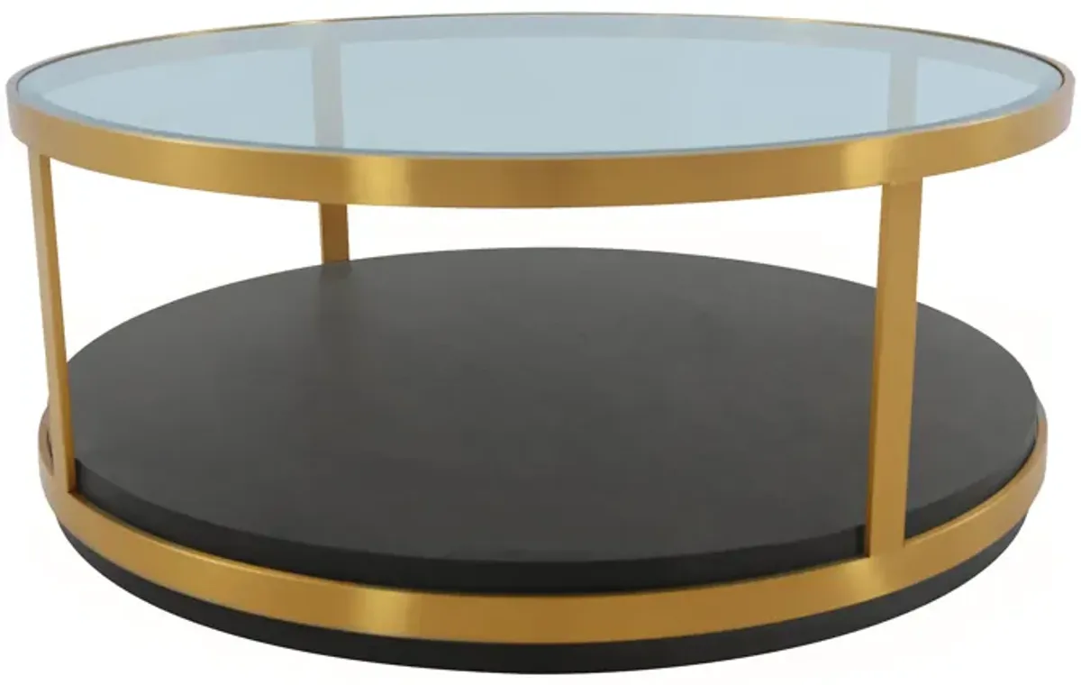 Hattie Glass Top and Walnut Wood Coffee Table with Brushed Gold Frame