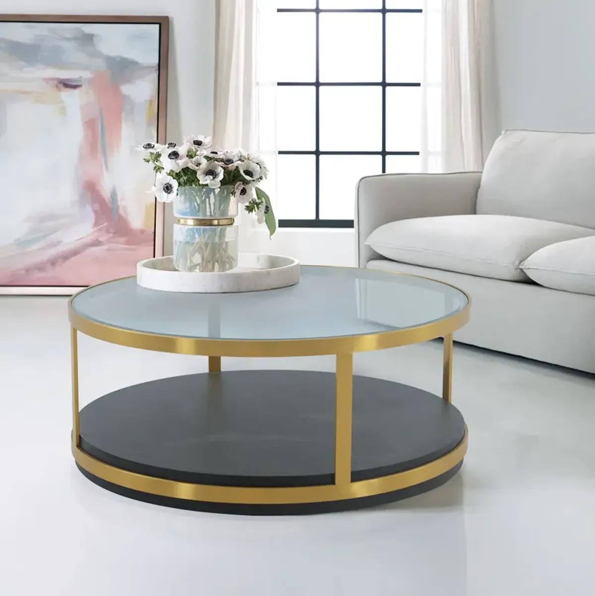 Hattie Glass Top and Walnut Wood Coffee Table with Brushed Gold Frame