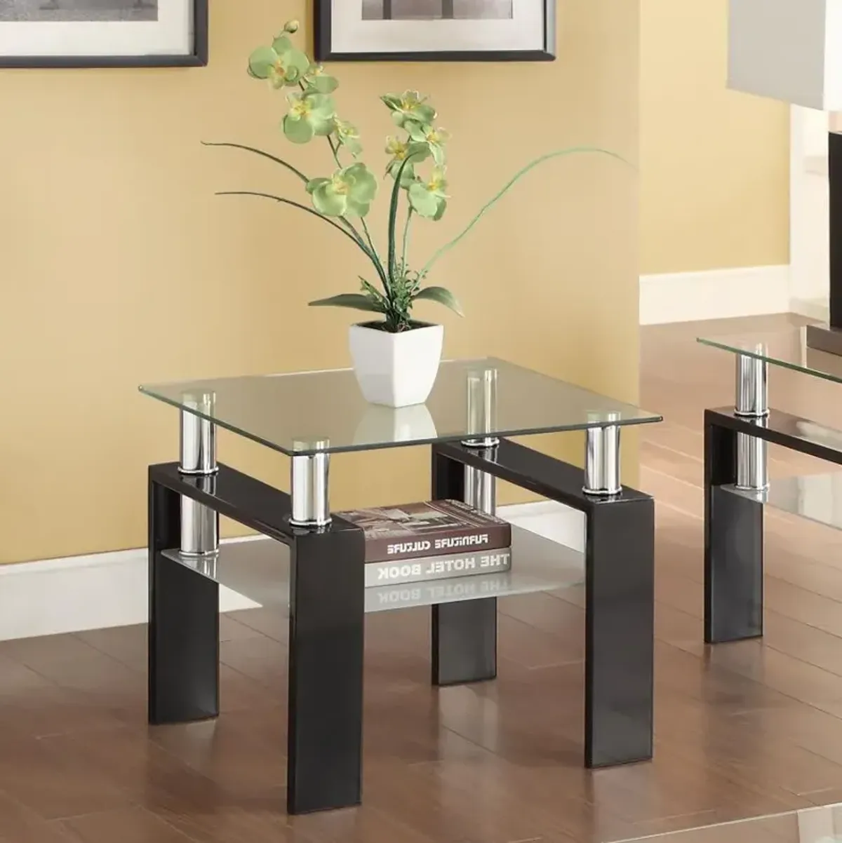 Dyer Tempered Glass End Table with Shelf Black