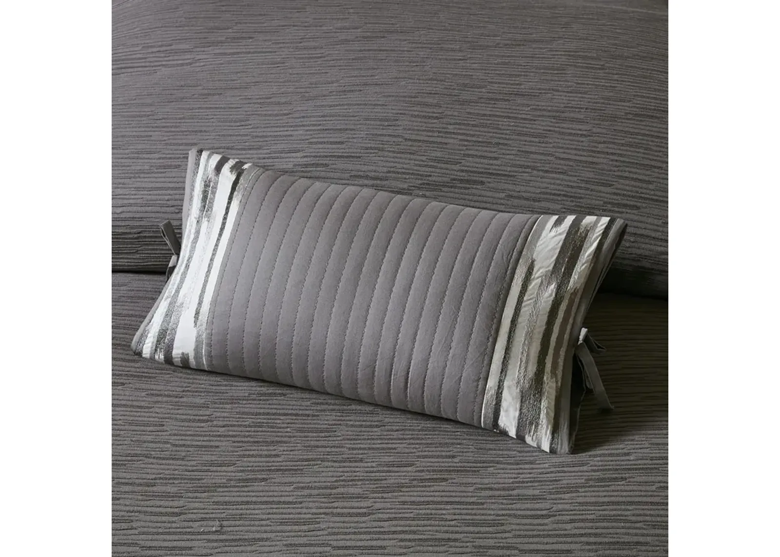 N Natori Hanae Grey Embroidered Cotton Oblong Decorative Pillow