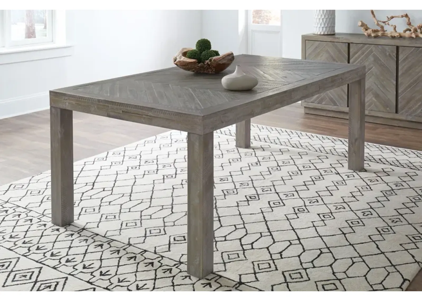 Herringbone Solid Wood Rectangular Dining Table in Rustic Latte