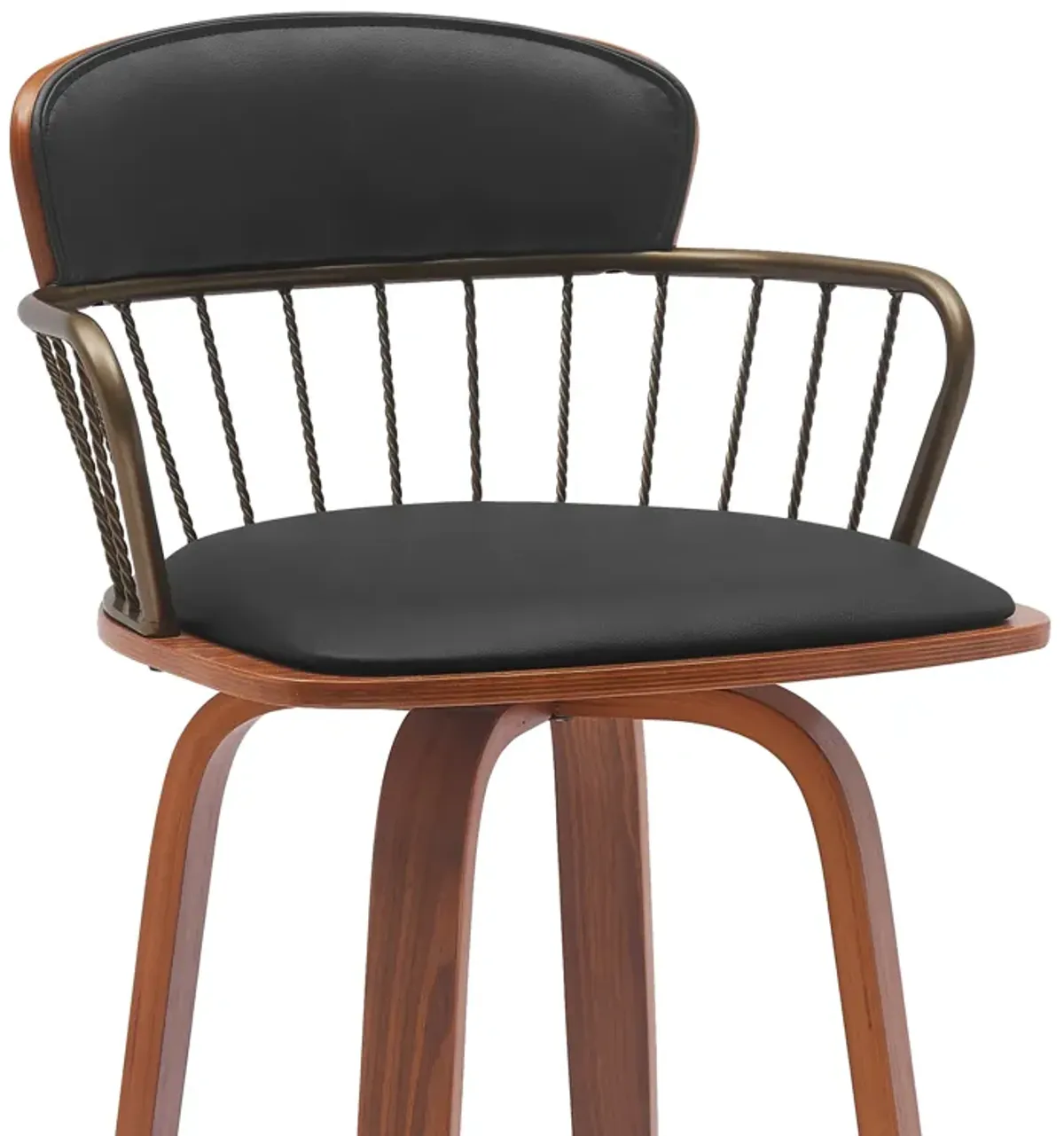 Willow 25.5" Swivel Walnut Wood Counter Stool in Black Faux Leather with Golden Bronze Metal