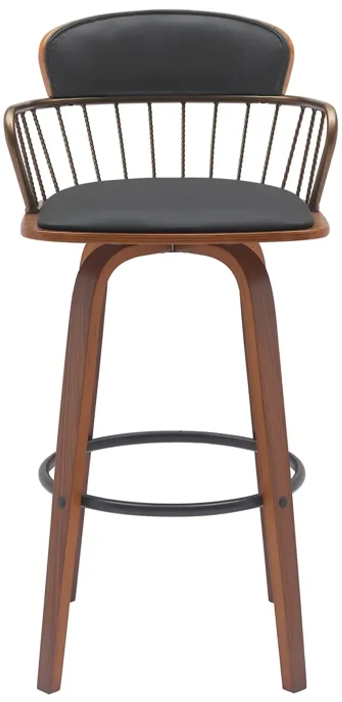 Willow 25.5" Swivel Walnut Wood Counter Stool in Black Faux Leather with Golden Bronze Metal