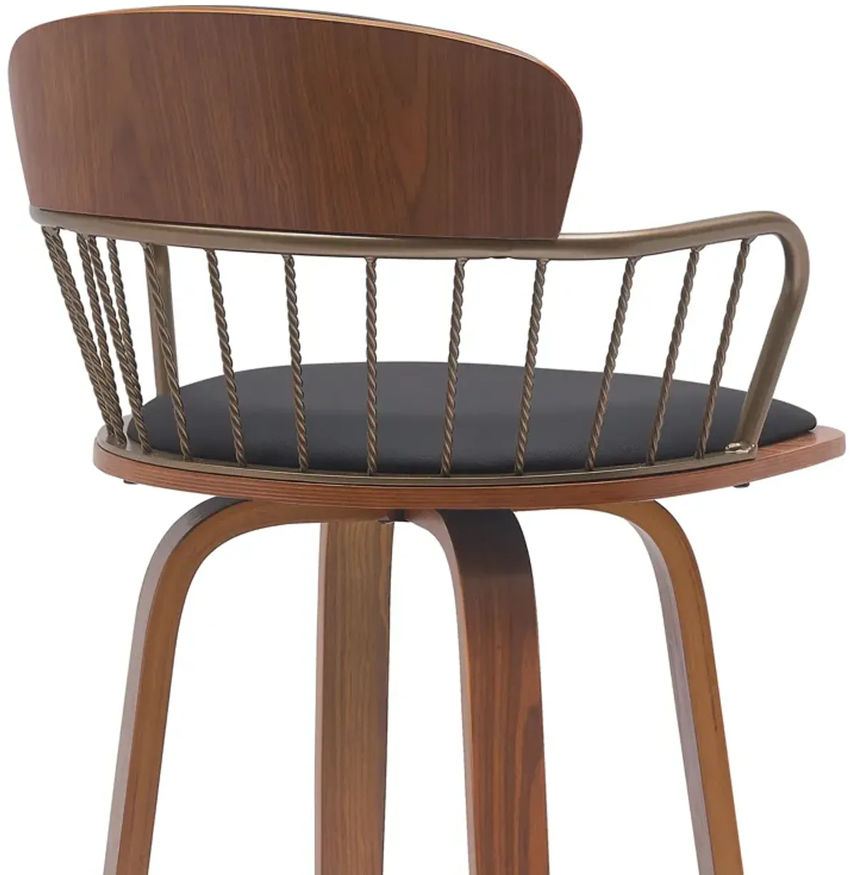 Willow 25.5" Swivel Walnut Wood Counter Stool in Black Faux Leather with Golden Bronze Metal