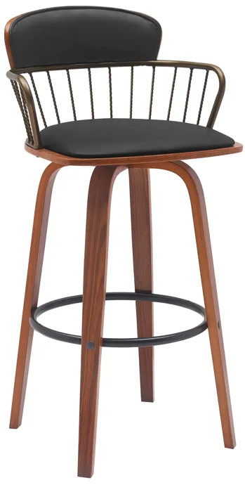 Willow 25.5" Swivel Walnut Wood Counter Stool in Black Faux Leather with Golden Bronze Metal