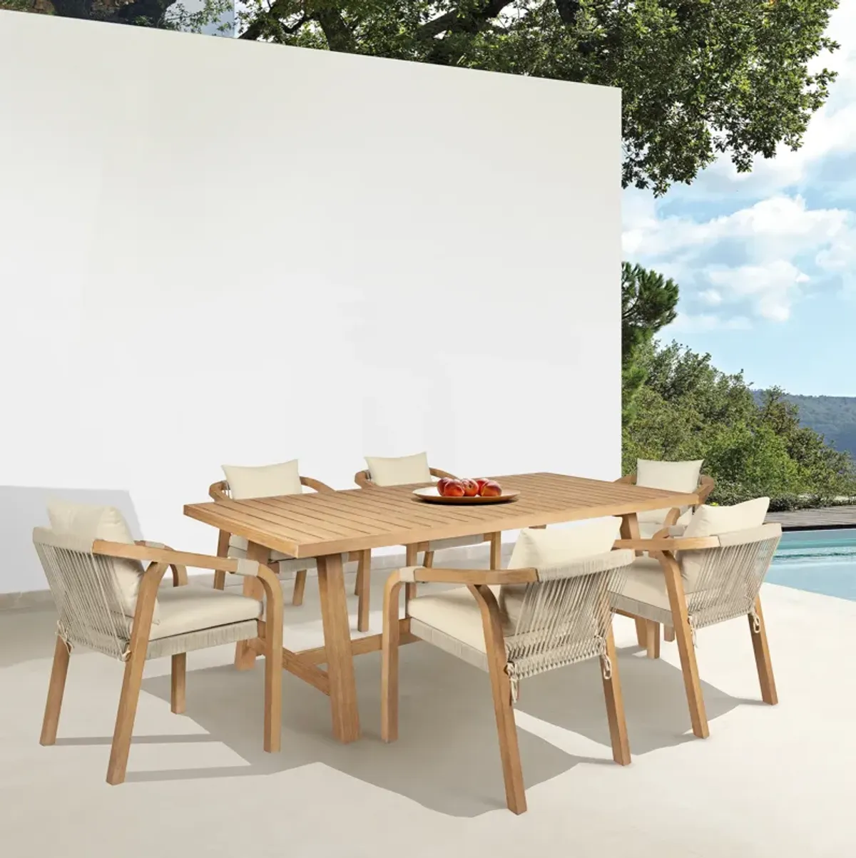 Cypress Outdoor Patio 7 Piece Dining Set in Blonde Eucalyptus Wood and Light Gray Rope with Ivory Olefin Cushions