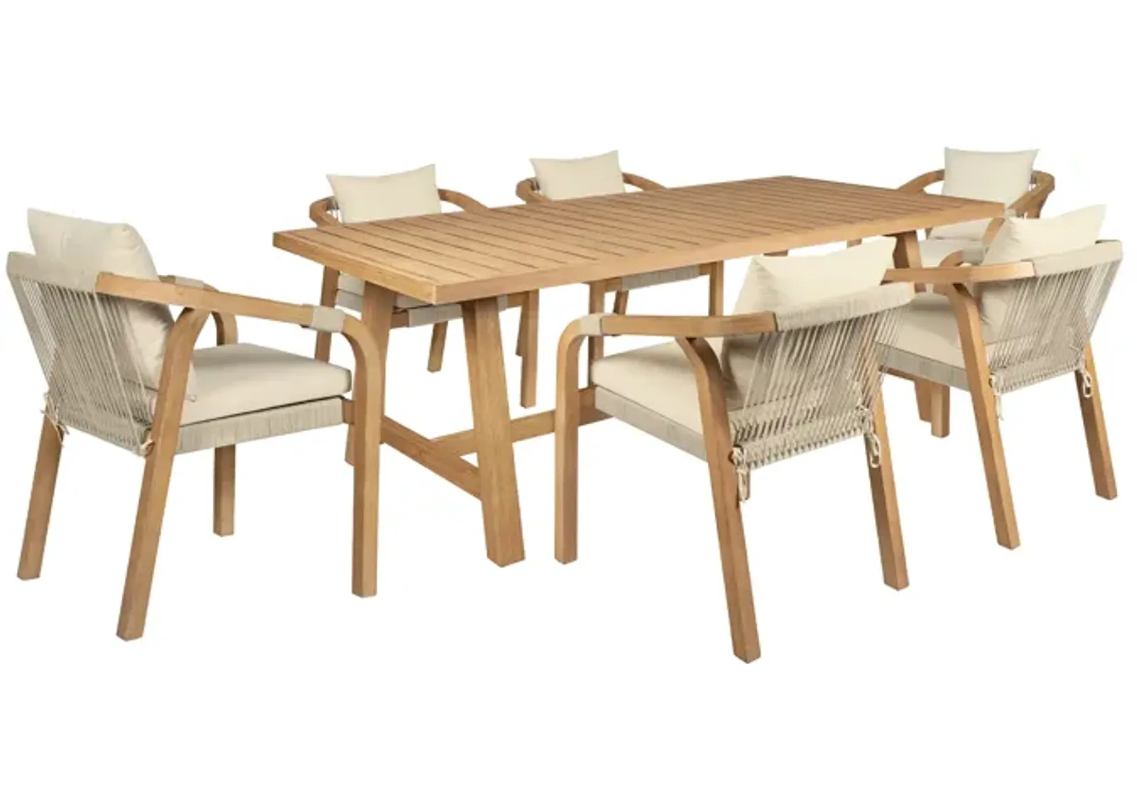 Cypress Outdoor Patio 7 Piece Dining Set in Blonde Eucalyptus Wood and Light Gray Rope with Ivory Olefin Cushions