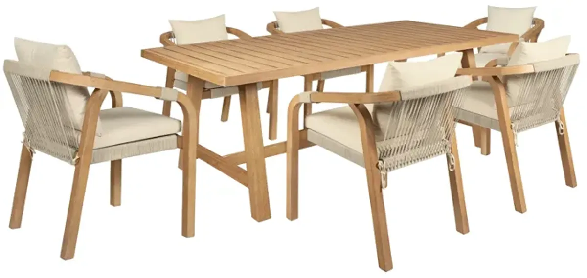 Cypress Outdoor Patio 7 Piece Dining Set in Blonde Eucalyptus Wood and Light Gray Rope with Ivory Olefin Cushions