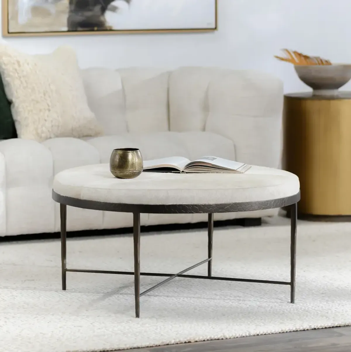 Bose Leather Hide Round Cocktail Coffee Table in Ivory