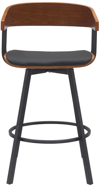 Athena 27" Swivel Walnut Wood Counter Stool in Black Faux Leather with Black Metal