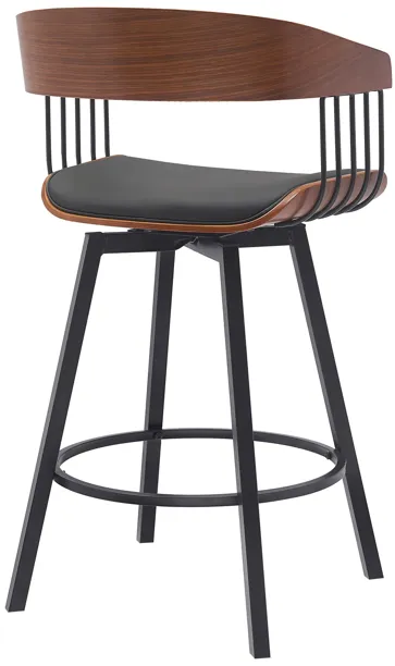 Athena 27" Swivel Walnut Wood Counter Stool in Black Faux Leather with Black Metal