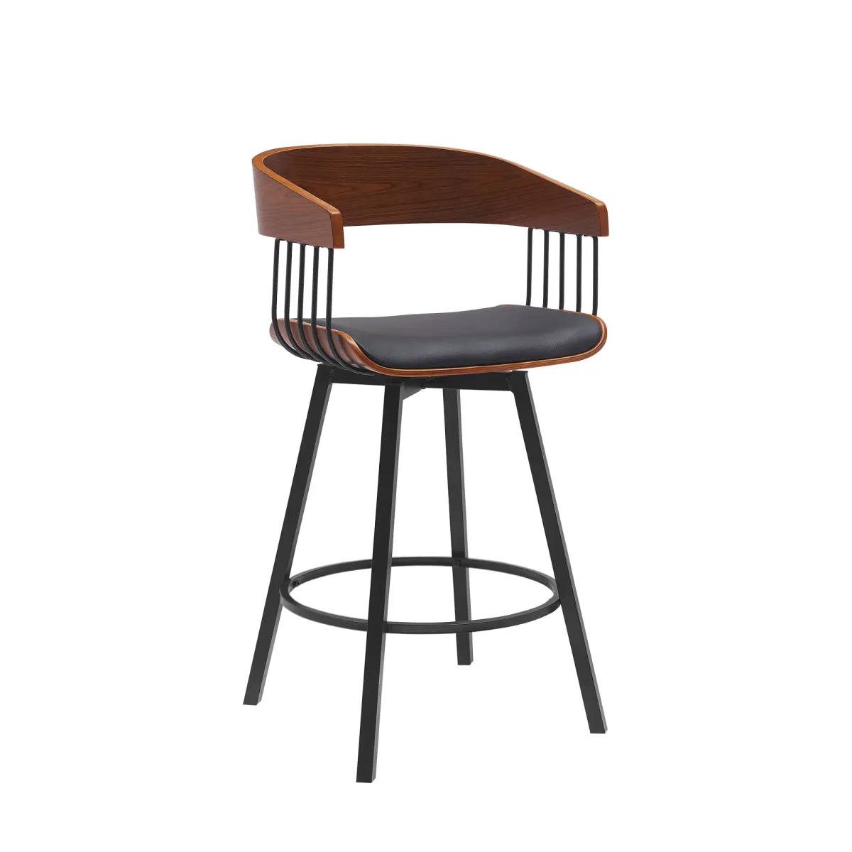 Athena 27" Swivel Walnut Wood Counter Stool in Black Faux Leather with Black Metal