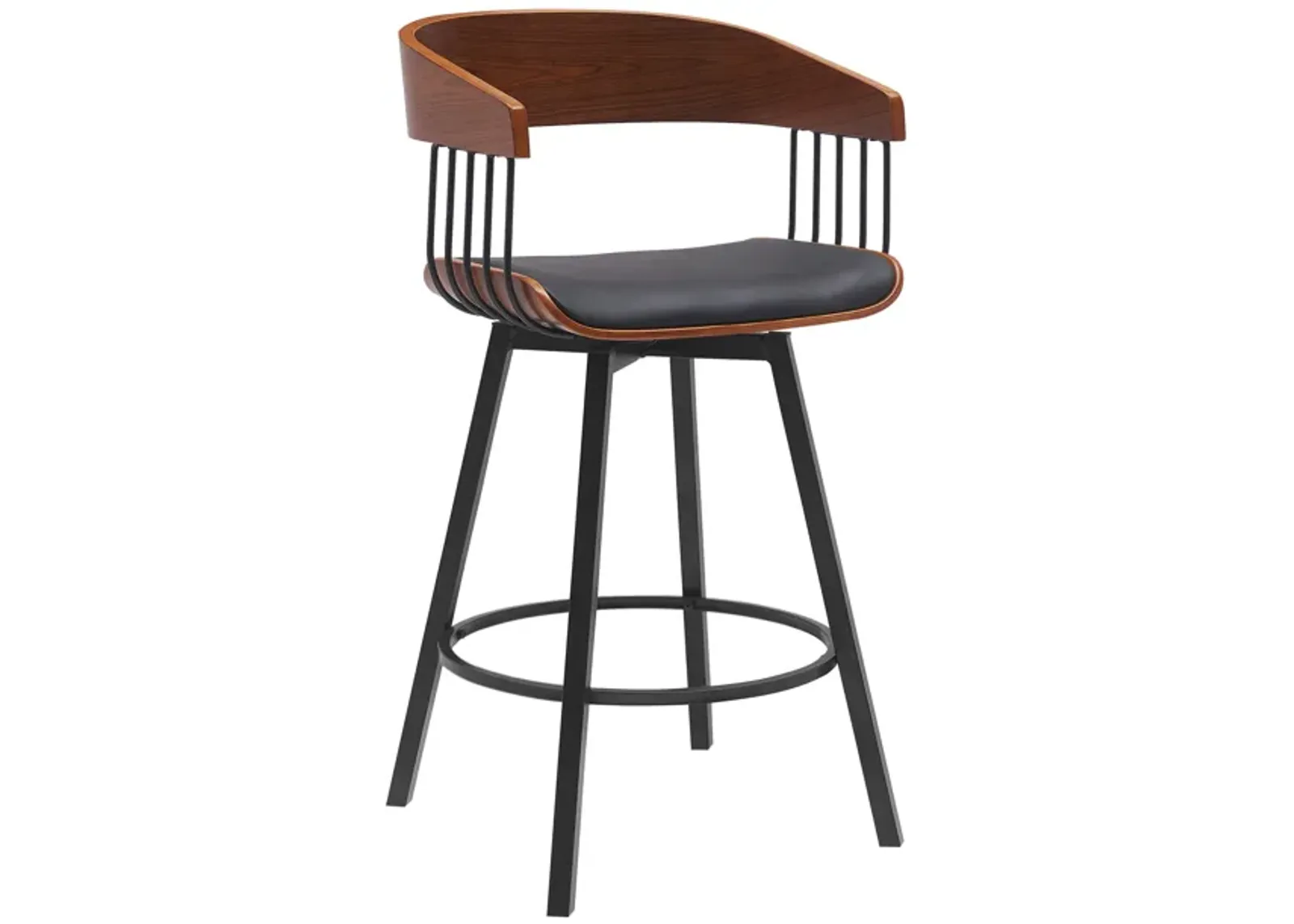 Athena 27" Swivel Walnut Wood Counter Stool in Black Faux Leather with Black Metal