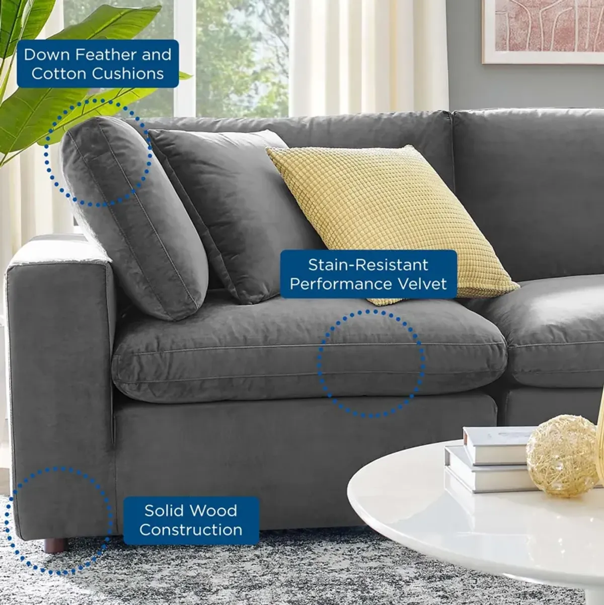 Commix Down Filled Overstuffed Performance Velvet 4-Piece Sectional Sofa