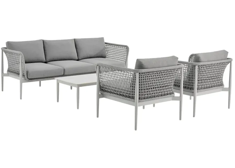 Rhodes Outdoor Patio 4 Piece Conversation Set in Aluminum with Sintered Stone and Gray Cushions