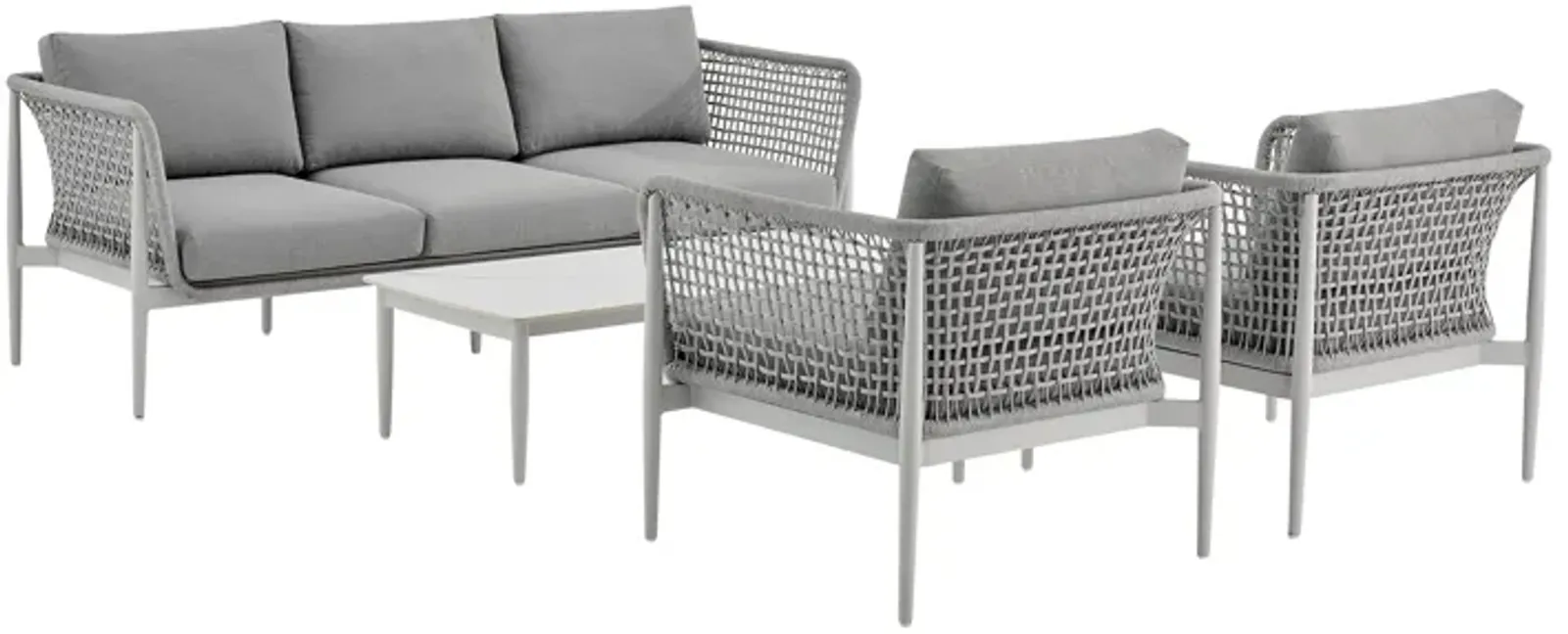 Rhodes Outdoor Patio 4 Piece Conversation Set in Aluminum with Sintered Stone and Gray Cushions