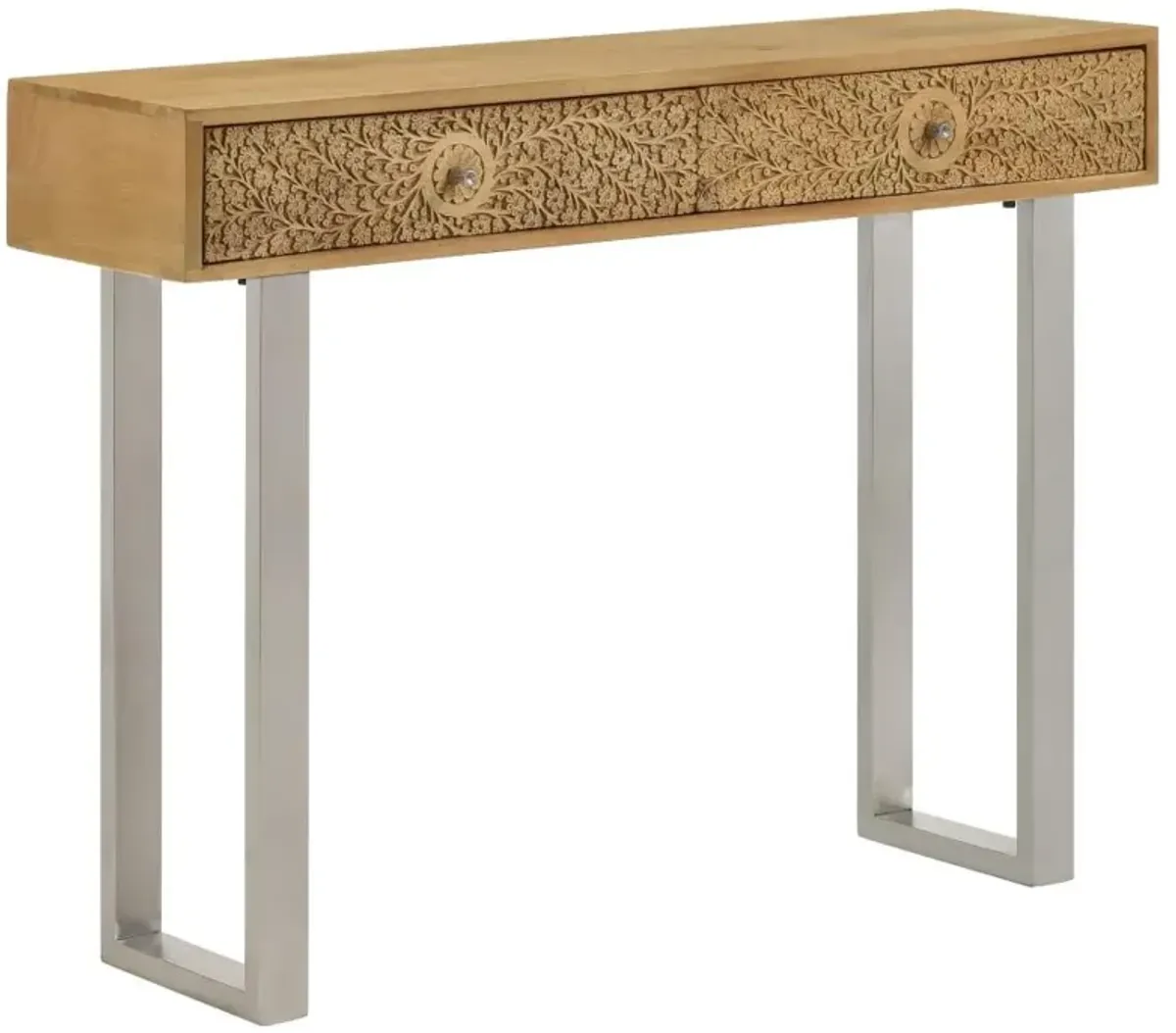 Draco Console Table with Hand Carved Drawers Natural