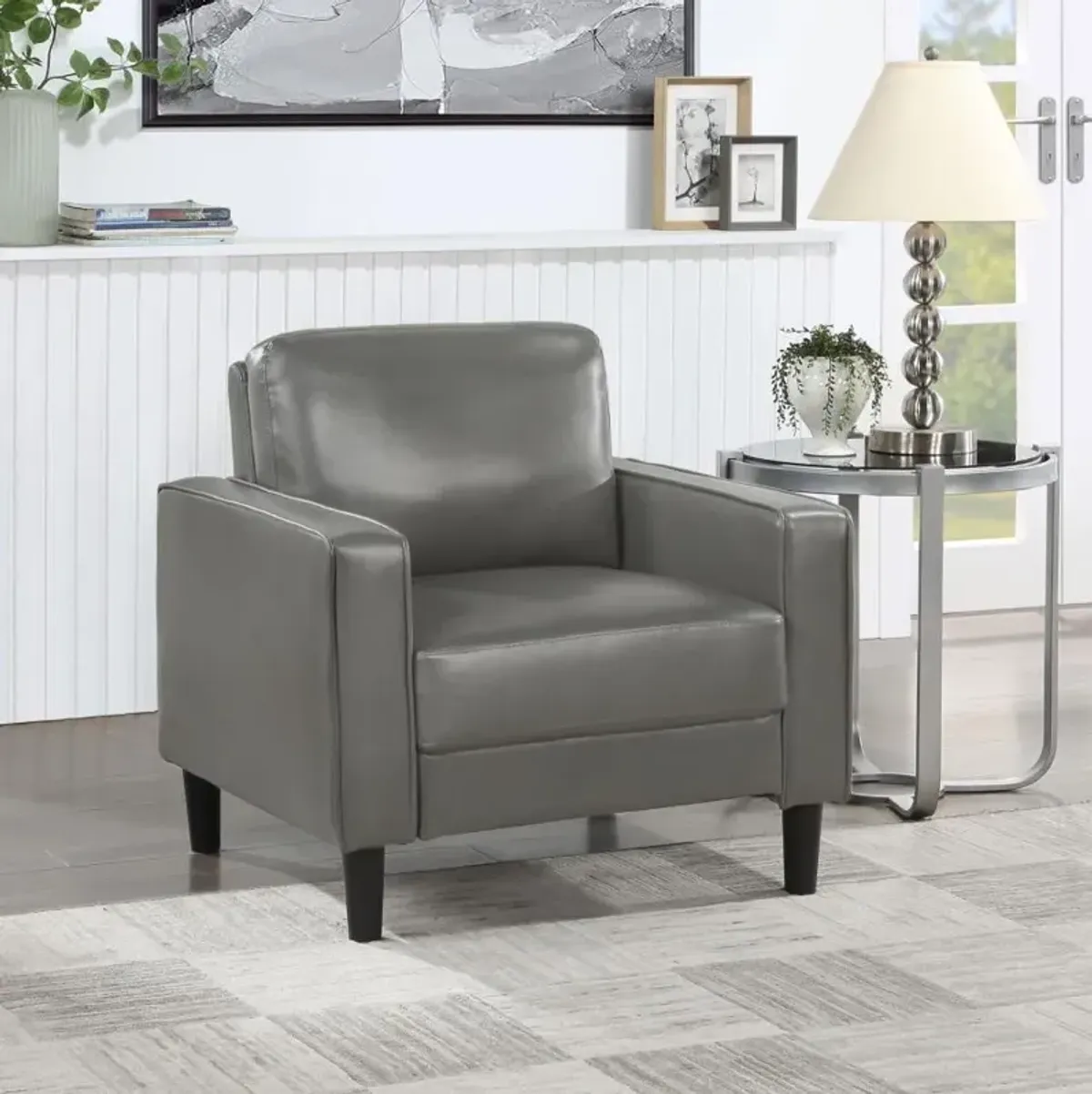 Ruth Upholstered Track Arm Faux Leather Accent Chair Grey