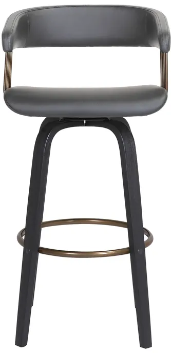 Topanga 30.5" Swivel Black Wood Bar Stool in Gray Faux Leather with Golden Bronze Metal