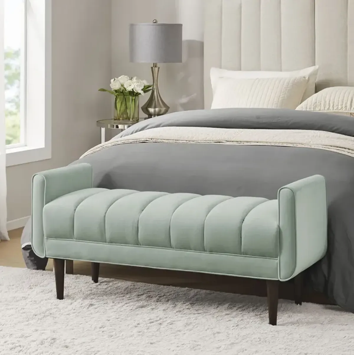 Madison Park Linea Seafoam Upholstered Modern Accent Bench