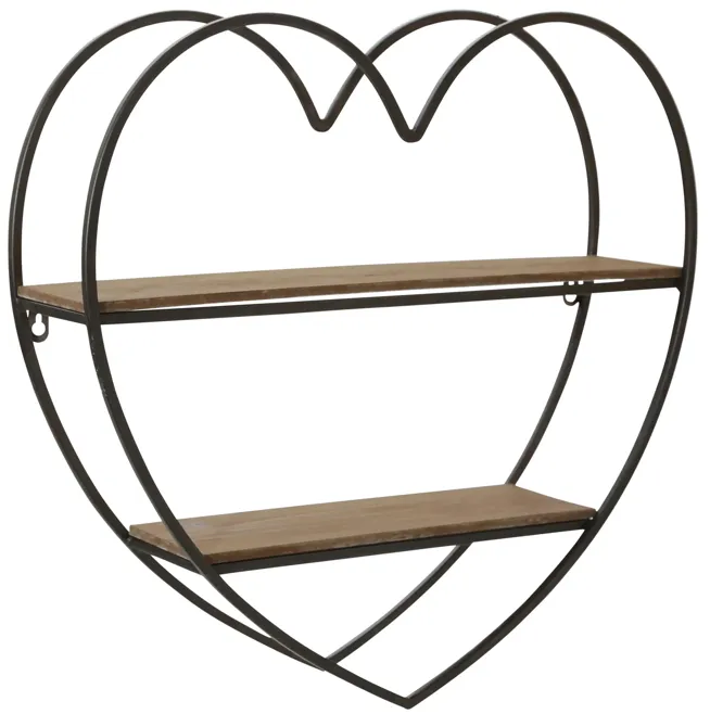 Metal/wood 2 Tier Heart Wall Shelf, Natural/black