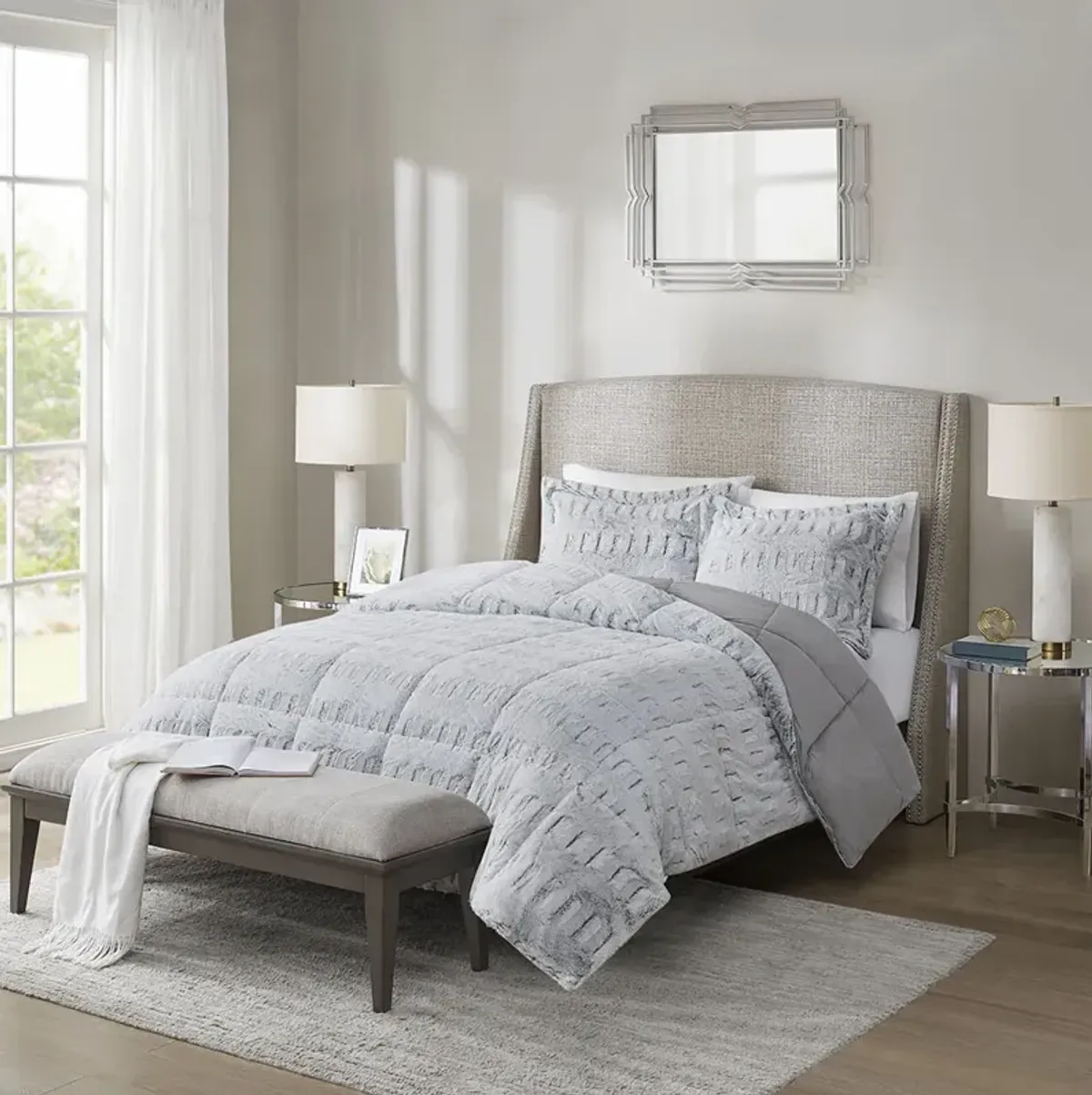 Madison Park Gia Grey Back Print Long Fur Comforter Mini Set