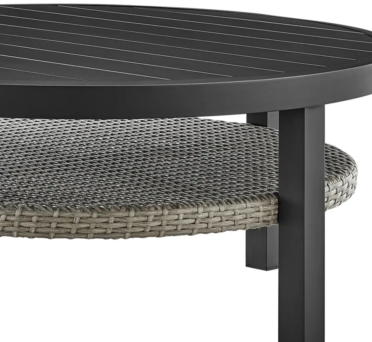 Aileen Outdoor Patio Round Coffee Table in Black Aluminum with Gray Wicker Shelf