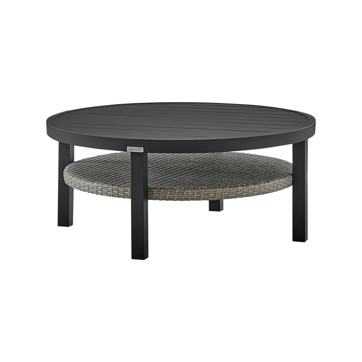 Aileen Outdoor Patio Round Coffee Table in Black Aluminum with Gray Wicker Shelf