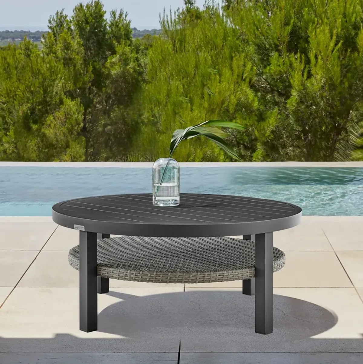 Aileen Outdoor Patio Round Coffee Table in Black Aluminum with Gray Wicker Shelf