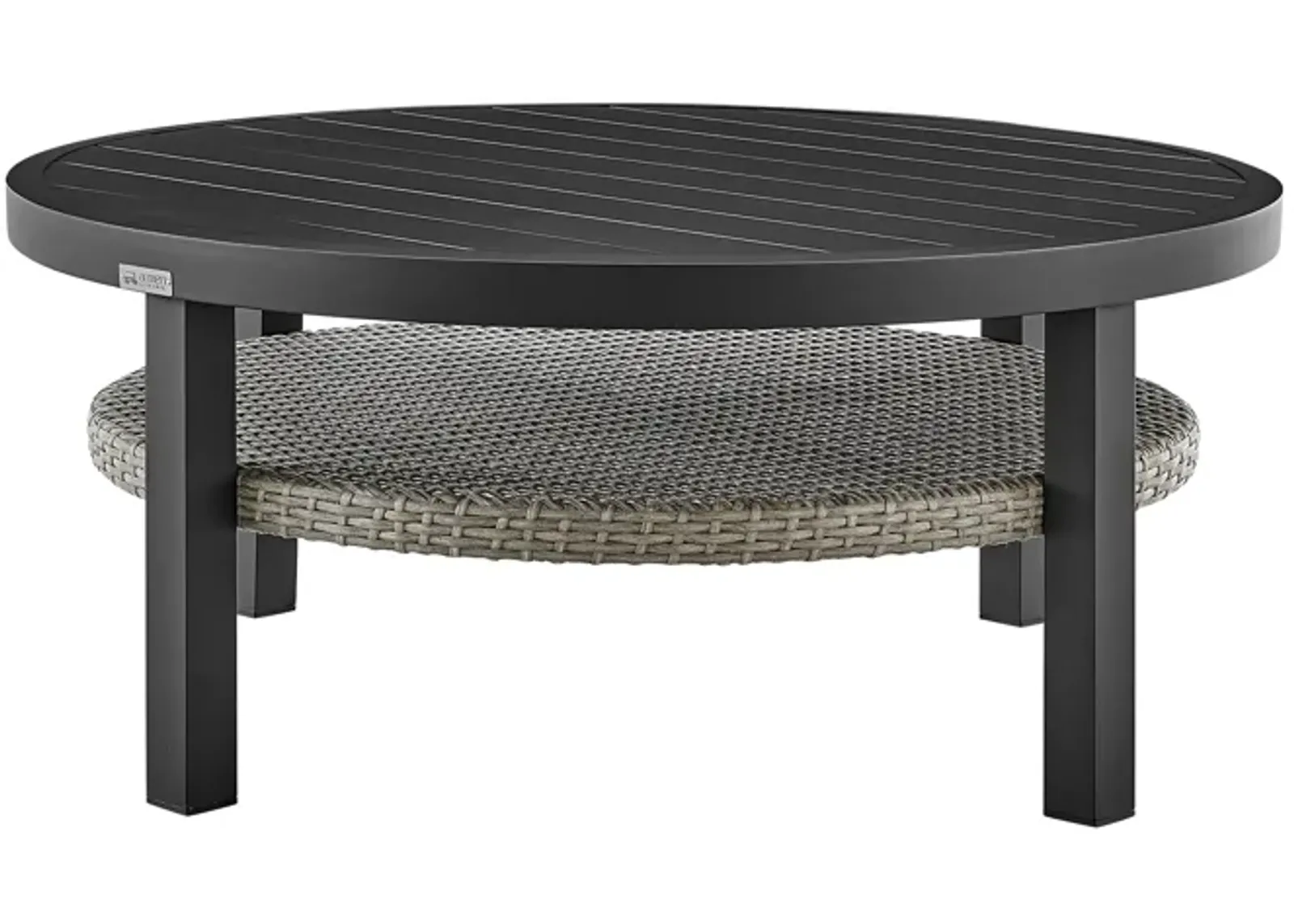 Aileen Outdoor Patio Round Coffee Table in Black Aluminum with Gray Wicker Shelf