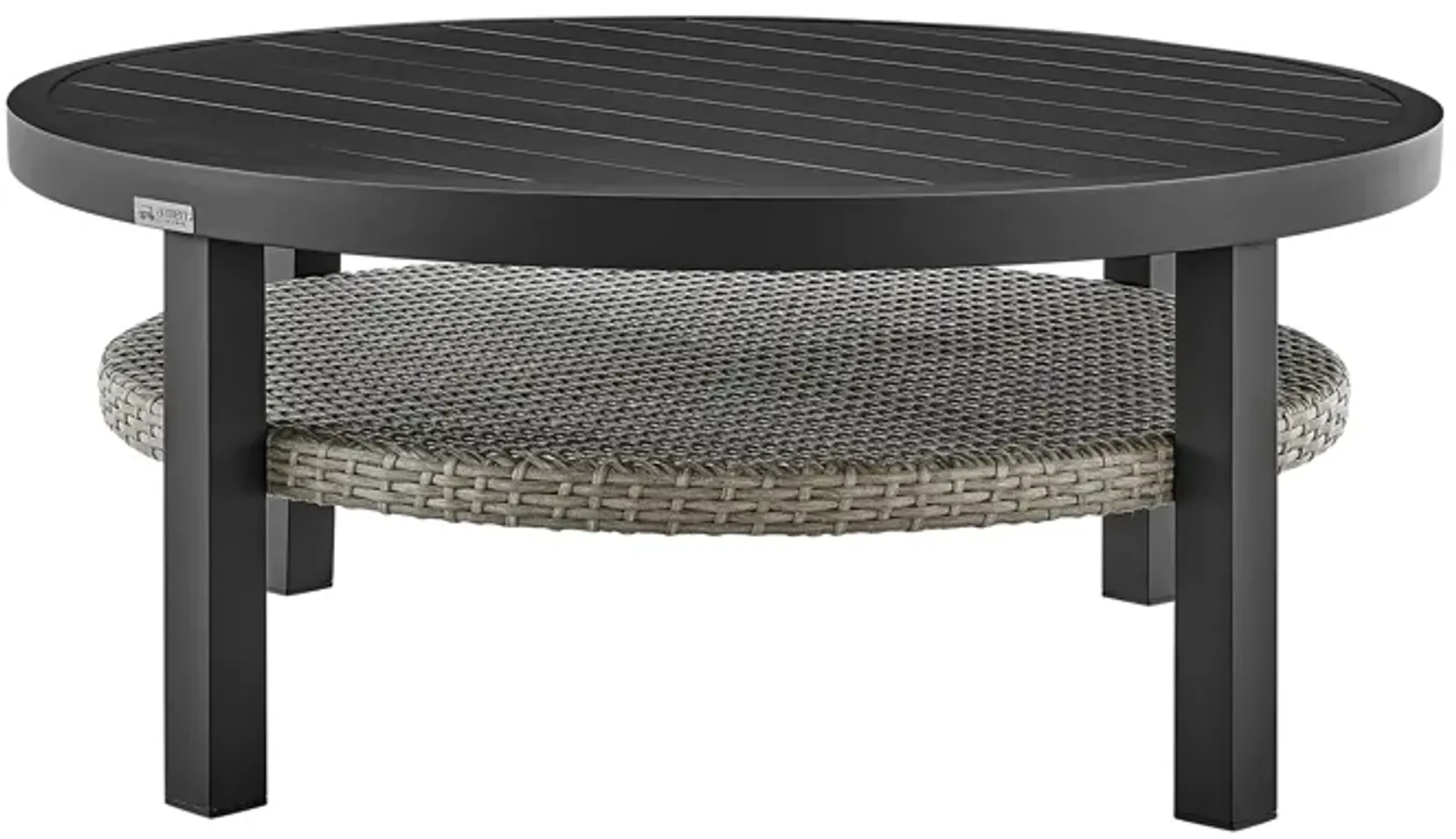 Aileen Outdoor Patio Round Coffee Table in Black Aluminum with Gray Wicker Shelf