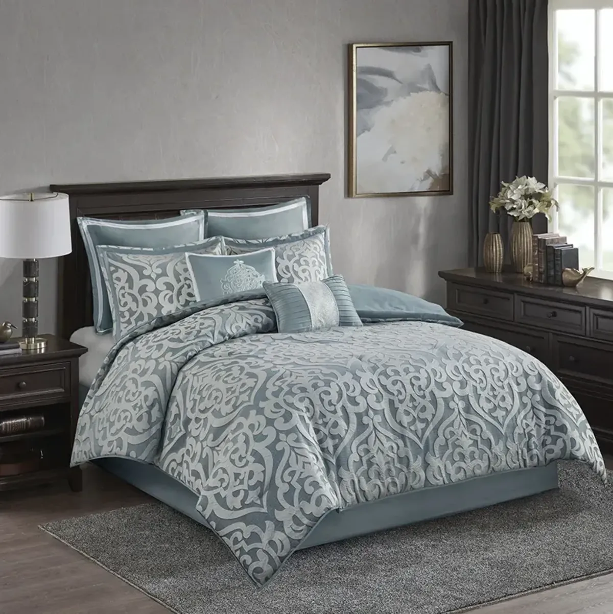 Madison Park Odette Aqua/Silver 8 Piece Jacquard Comforter Set